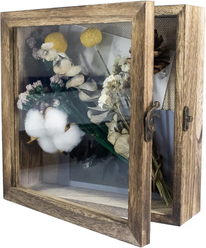 GraduationMall 13x16 Wood Shadow Box Frame Glass Door Display Case with Linen Back and 6 Stick Pins,1.5 inches Interior Depth,Ideal for Memorabilia Pictures Flowers Medals Tickets Rustic White