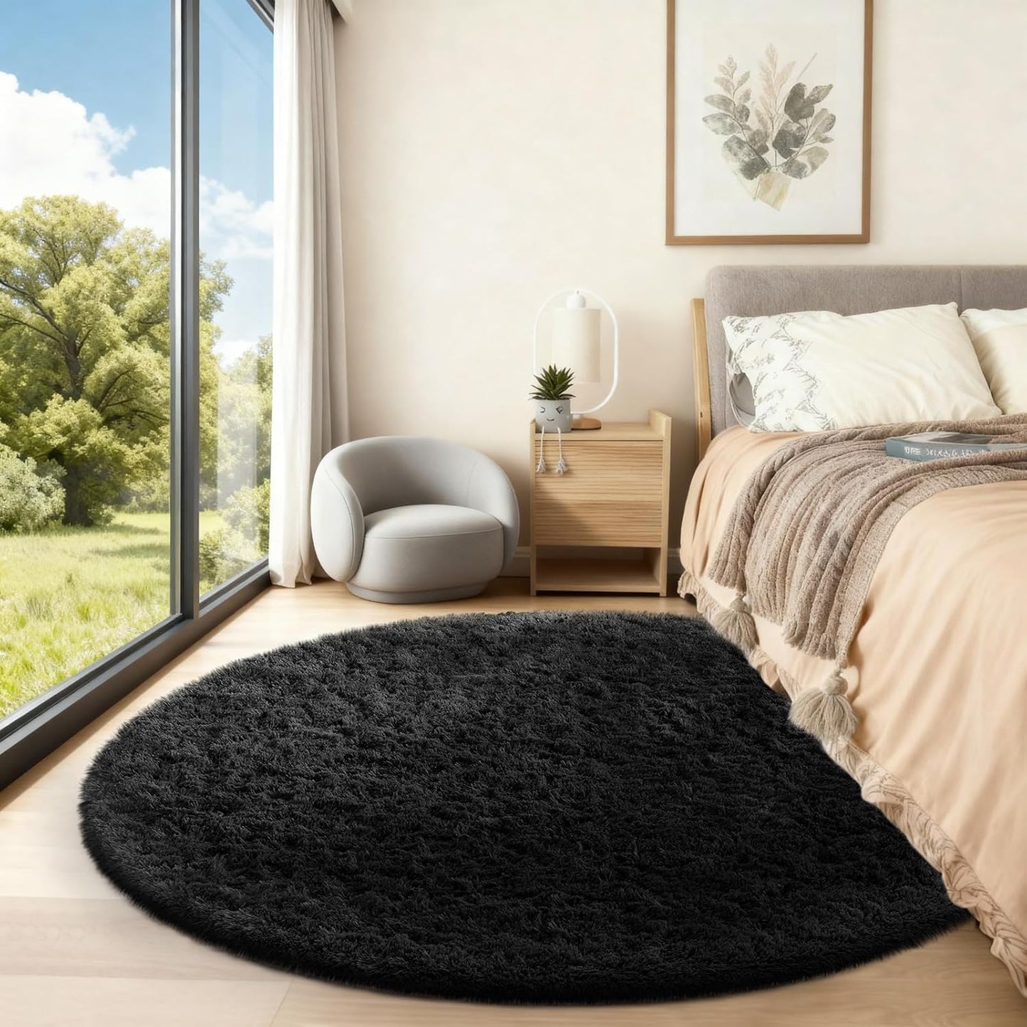 Ophanie Round Rugs 5Ft Ivory Circle Area Rug, Nursery Room Decor, Christmas Aesthetic Bedroom Home Circular Carpet 5 Foot, Fluffy Fuzzy Shag Plush Cream Living Room Rugs for Kids Boys Girls Teen Baby