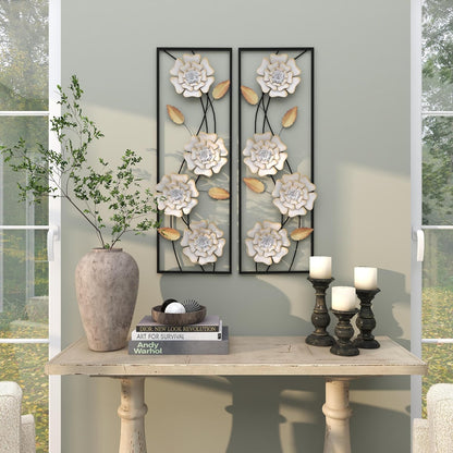 Deco 79 Metal Floral Home Wall Decor Dimensional Floating Wall Sculpture with Black and Gold Accents, Set of 2 Wall Art 12"W, 36"H, White & Gray