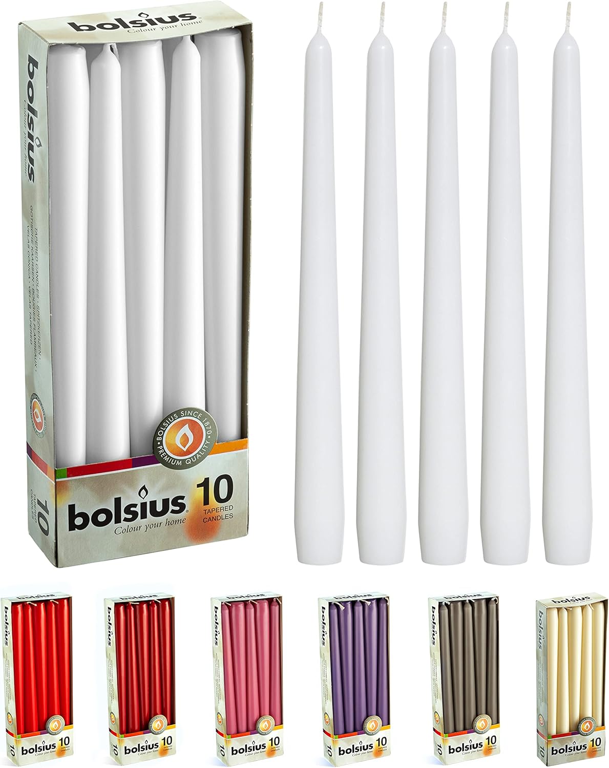 BOLSIUS Ivory Taper Candles - 10 Pack Unscented 10 Inch Dinner Candle Set - 8 Hours Burn Time - Premium European Quality - Smokeless and Dripless Household, Wedding, Party, and Home Décor Candlesticks
