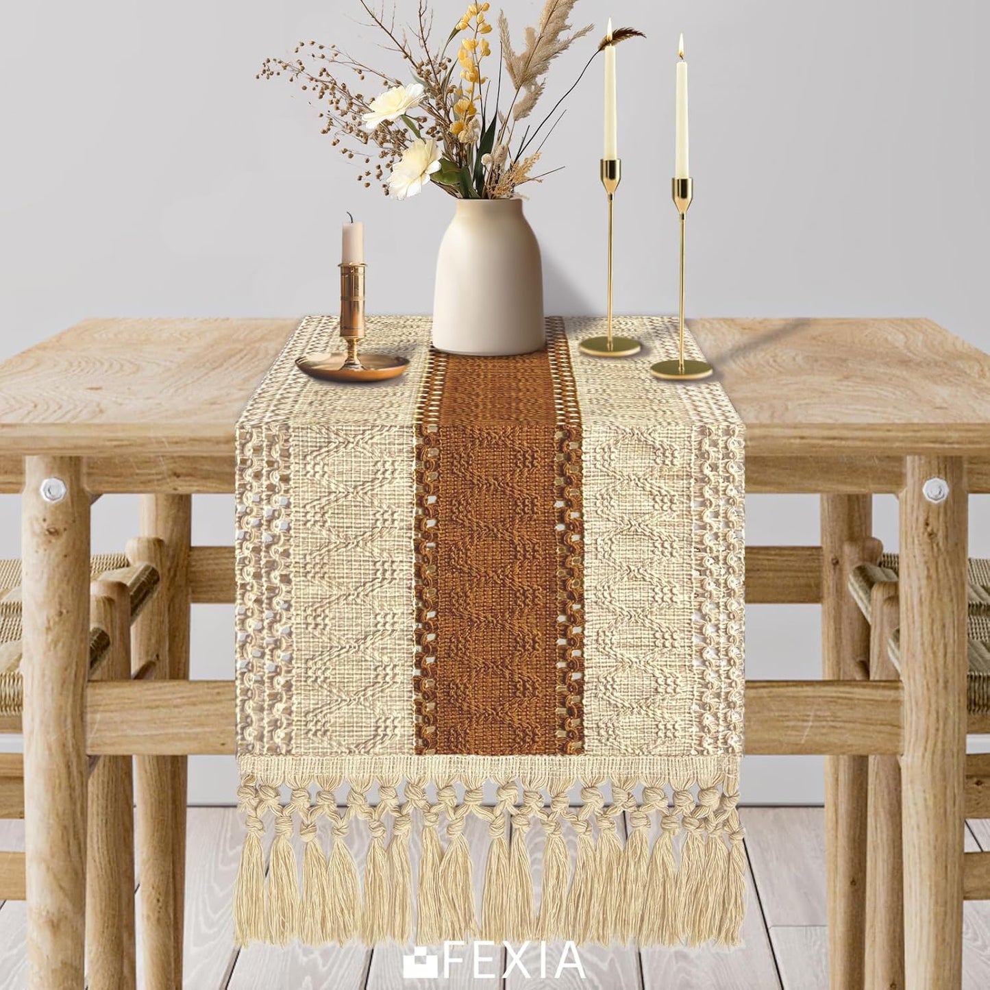 FEXIA Boho Table Runner for Thanksgiving Fall Christmas Home Decor with Tassels 72 Inches Long Pottery barn Furniture Farmhouse Rustic Macrame Burlap Table Decoration for Living Room (12x72 Inches)