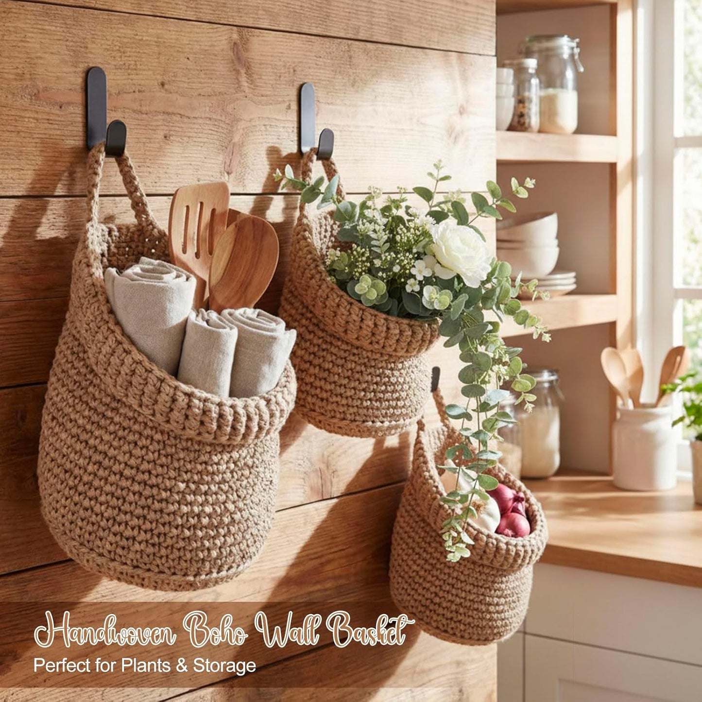Honeydak Boho Decor Hanging Wall Baskets for Kitchen 3 Pack Teardrop Baskets with Hooks Storage Fruit Onion Vegetable Potato for Home 3 Sizes(Linen,Teardrop,Jute)