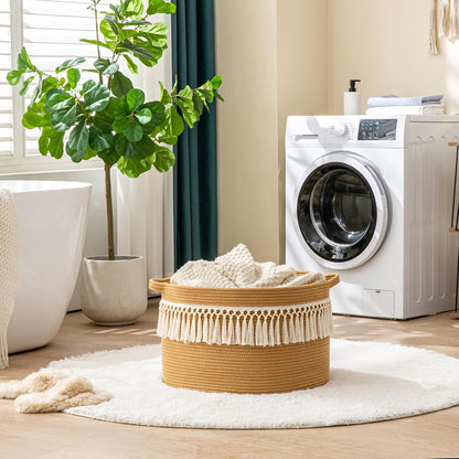 KAKAMAY Large Blanket Basket (20"x13"),Woven Baskets for storage Baby Laundry Hamper, Cotton Rope Blanket Basket for Living Room, Laundry, Nursery, Pillows, Baby Toy chest (White/Brown)