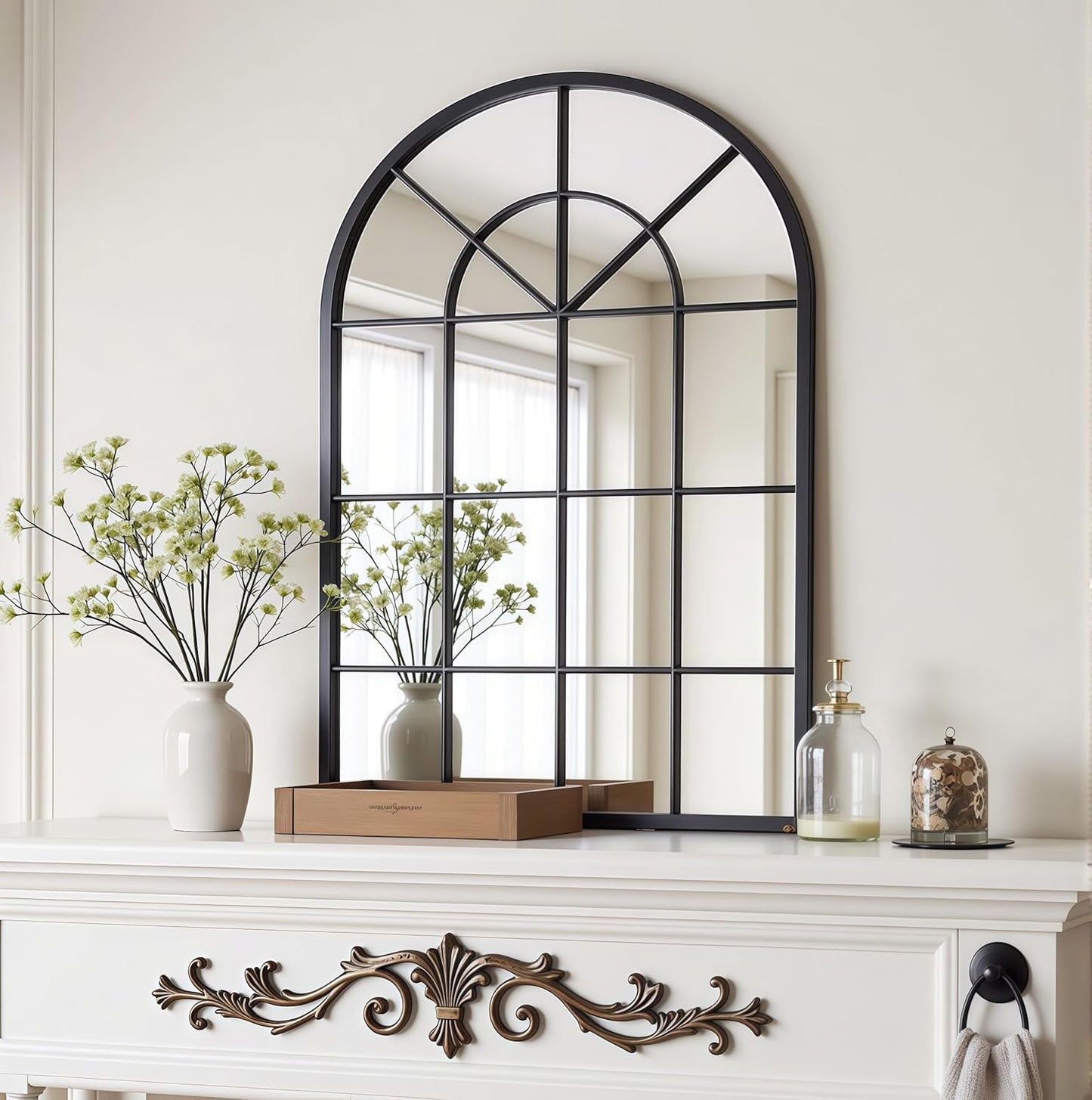 Dewfig 65"x 22" Arched Window pane Full Length Mirror, Wall Mirror, Floor Standing Mirrors, Farmhouse Long Full Body Mirrors Wall Mounted for Living Room, Bedroom, Entryway, Fireplace, Black