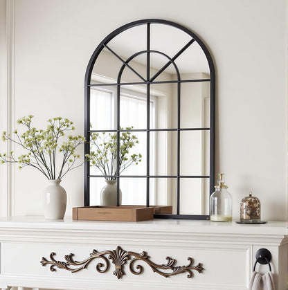 Dewfig 65"x 22" Arched Window pane Full Length Mirror, Wall Mirror, Floor Standing Mirrors, Farmhouse Long Full Body Mirrors Wall Mounted for Living Room, Bedroom, Entryway, Fireplace, Black