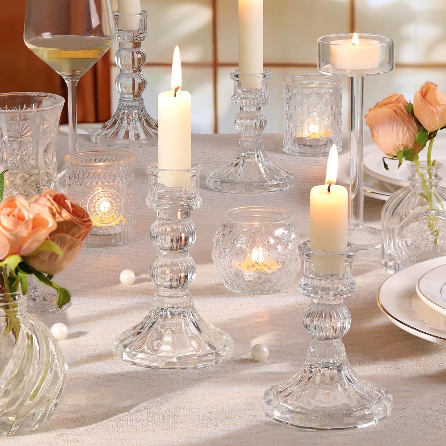 DARJEN 6Pcs Gold Candlestick Holders Set - 4" H & 5" H Striped Taper Candle Holders Bulk, Glass Candle Holders for Wedding, Festival, Party, Table Centerpiece, Gifts