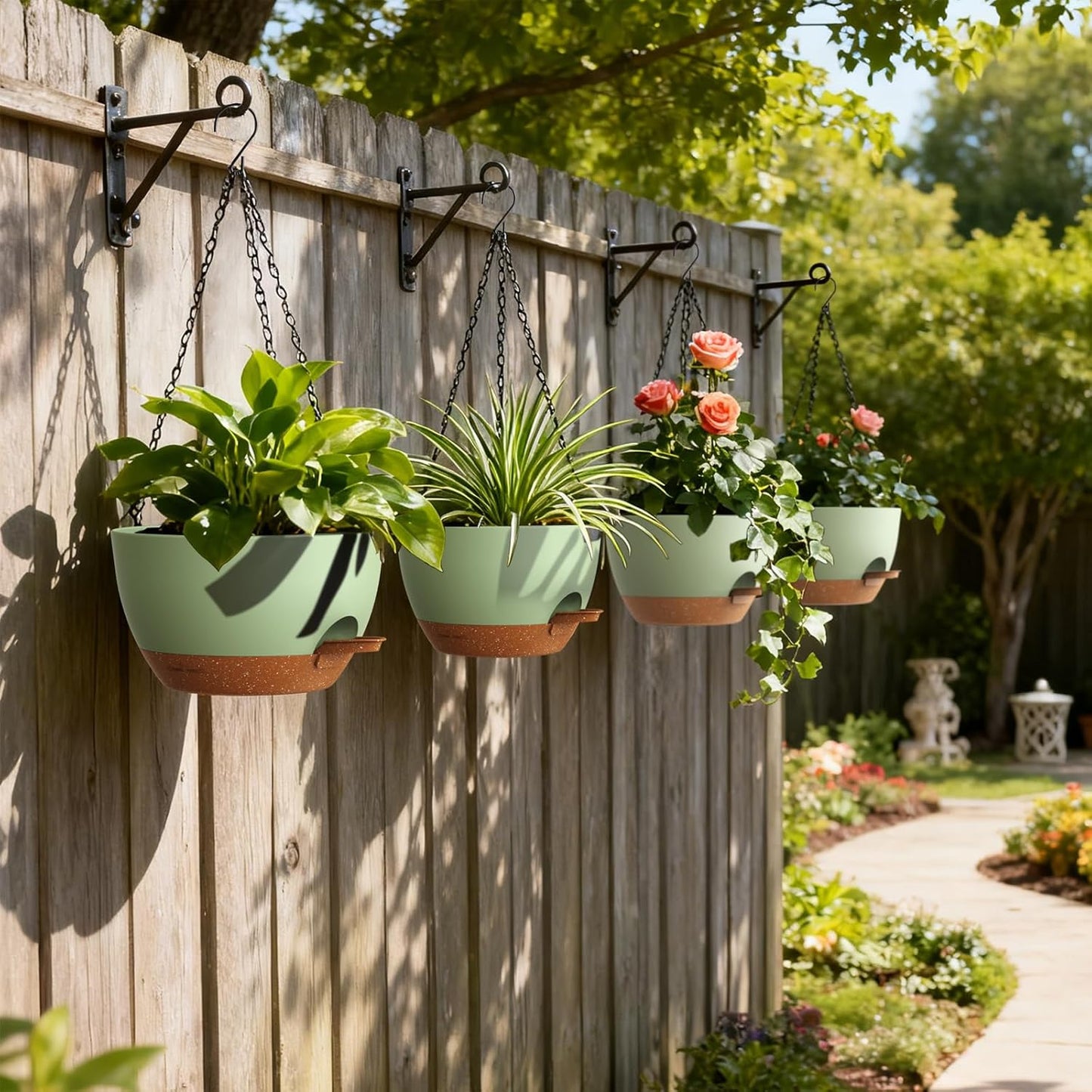UOUZ Set of 3-10 Inch Self Watering Hanging Planters for Indoor Outdoor，Hanging Plant Pots with Drainage & Removable Tray, Hanging Pots Holder for Ivy, Pothos, Ferns, Balcony & Patio, Black with Brown
