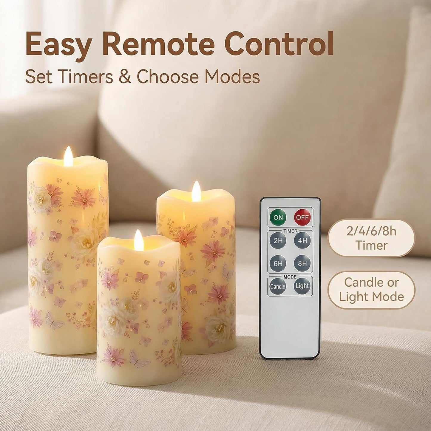 Eywamage Fiber Optic Flameless Pillar Candles with Remote Set of 3, Butterfly Floral Spring LED Candles Battery Operated Gift Φ 3" H 6"