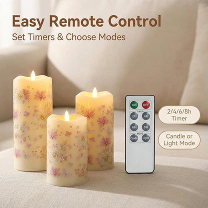 Eywamage Fiber Optic Flameless Pillar Candles with Remote Set of 3, Butterfly Floral Spring LED Candles Battery Operated Gift Φ 3" H 6"