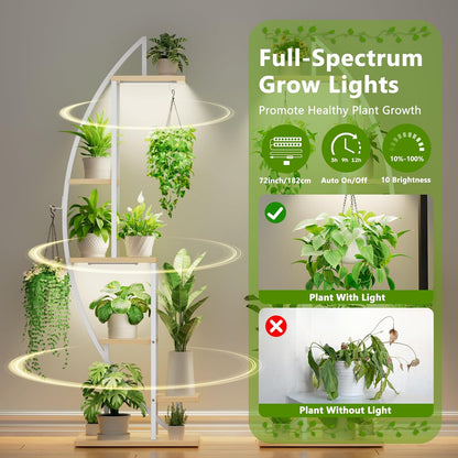 BACEKOLL Plant Stand Indoor with Grow Lights, 6 Tiered Tall Plant Shelf, 63" Metal Plant Stand for Indoor Plants Multiple, Half-Moon Plant Rack Display Shelf, 2 Pcs Plant Holder for Living Room, Patio