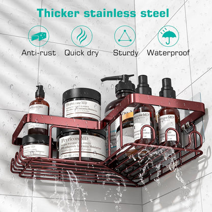 YASONIC Corner Adhesive Shower Caddy, with Soap Holder and 12 Hooks, Rustproof Stainless Steel Bathroom Organizer, No Drilling Wall Mounted Rack, Black, 3-Pack
