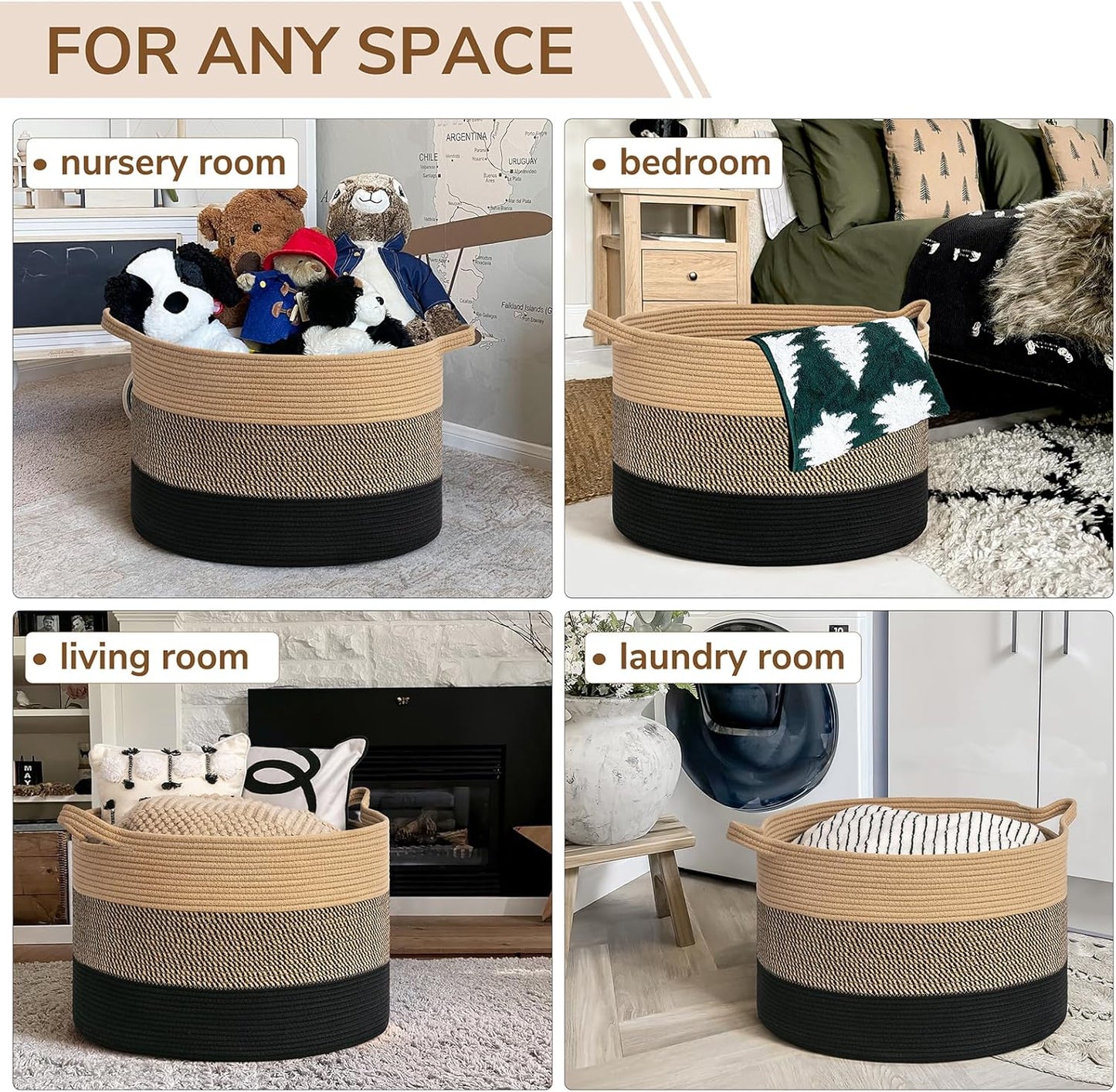 INDRESSME XXXLarge Blanket Basket for Living Room 21.7" x 21.7" x 13.8"-Storage Basket with Handle for Organizing Toy Pillows Woven Cotton Rope Laundry Basket Stuffed Animal Toy Storage for Play Room