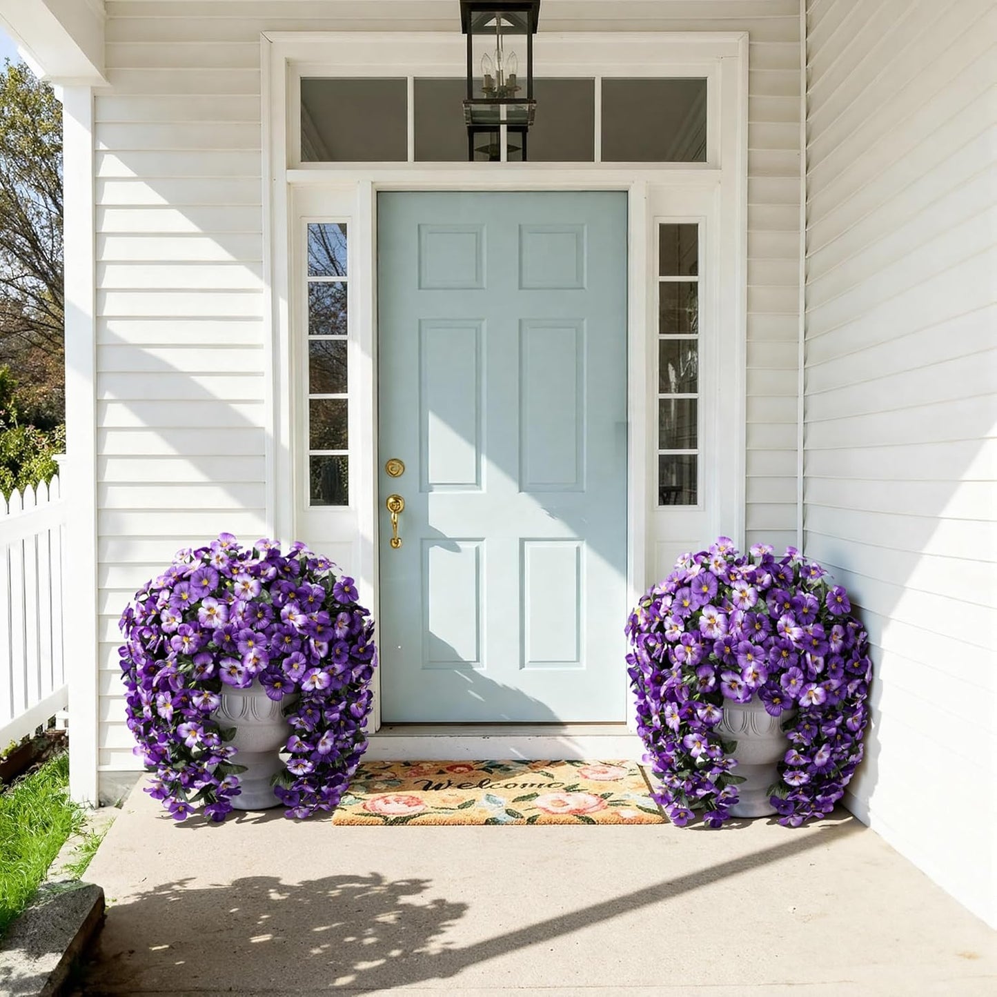 HyeFlora Artificial Flowers for Outdoors, 2pcs Faux Silk Pansies Flowers UV Resistant Fake Hanging Flower Plants for Outside Planters Porch Yard Patio Window Box (Mix Purple)