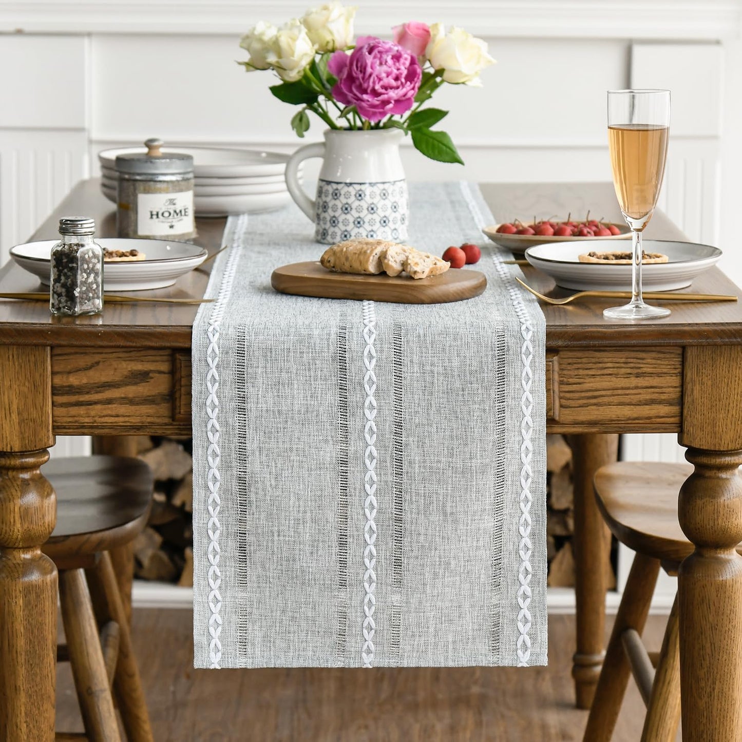 Artoid Mode Beige Rustic Cotton Linen Table Runner, Seasonal Embroidered Hollow Kitchen Dining Table Decoration for Home Party Decor 13x72 Inch
