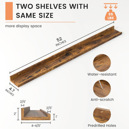 FLYJOE Picture Ledge Shelf, Floating Shelves Set of 2, 48 Inches Long Large Nursery Book Shelves for Toys Storage, Kids Bookshelf Wall Mounted for Living Room Bedroom Decor Books Photo Frames, Walnut