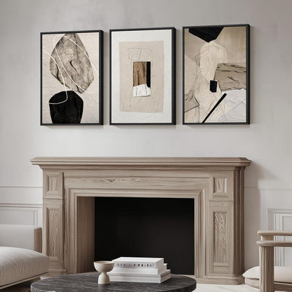 Large Framed Neutral Abstract Wall Art for Living Room, 3 Piece Modern Canvas Prints Paintings Artwork for Walls, Black and Beige Pictures for Living Room Hallway Stair Office Wall Decor 24x36 Inch
