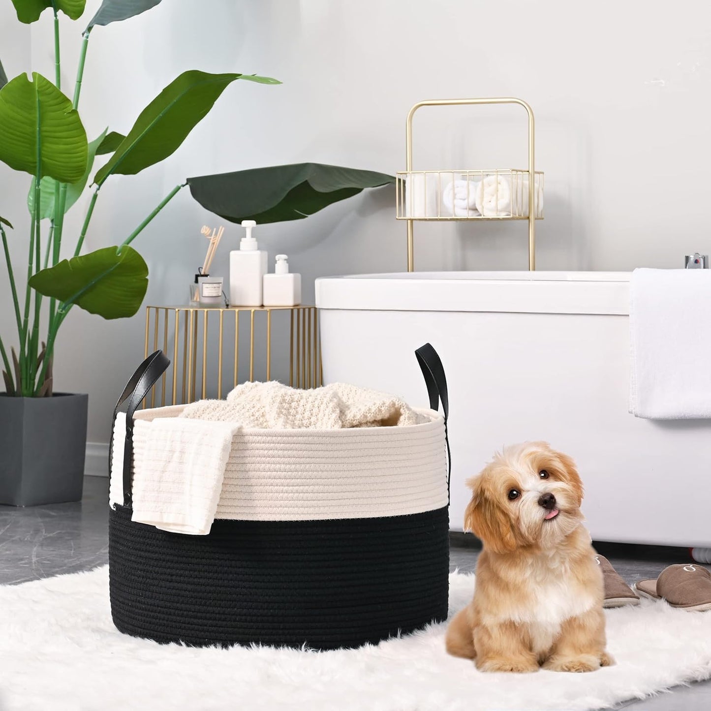 KAKAMAY Large Blanket Basket (20"x13"),Woven Baskets for storage Baby Laundry Hamper, Cotton Rope Blanket Basket for Living Room, Laundry, Nursery, Pillows, Baby Toy chest (White/Brown)