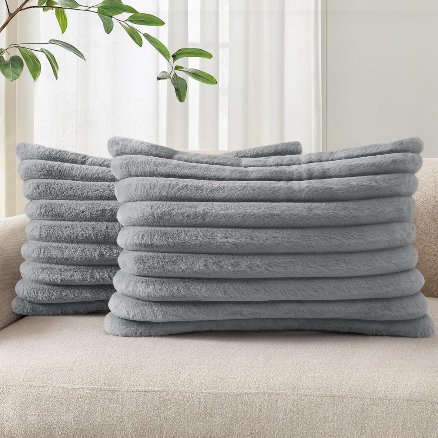 Pallene Faux Fur Plush Throw Pillow Covers 18x18 Set of 2, Luxury Soft Fluffy Striped Decorative Pillow Covers for Sofa, Couch, Living Room, Cream White