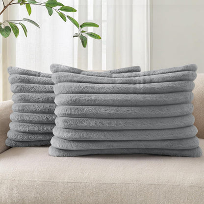 Pallene Faux Fur Plush Throw Pillow Covers 18x18 Set of 2, Luxury Soft Fluffy Striped Decorative Pillow Covers for Sofa, Couch, Living Room, Cream White