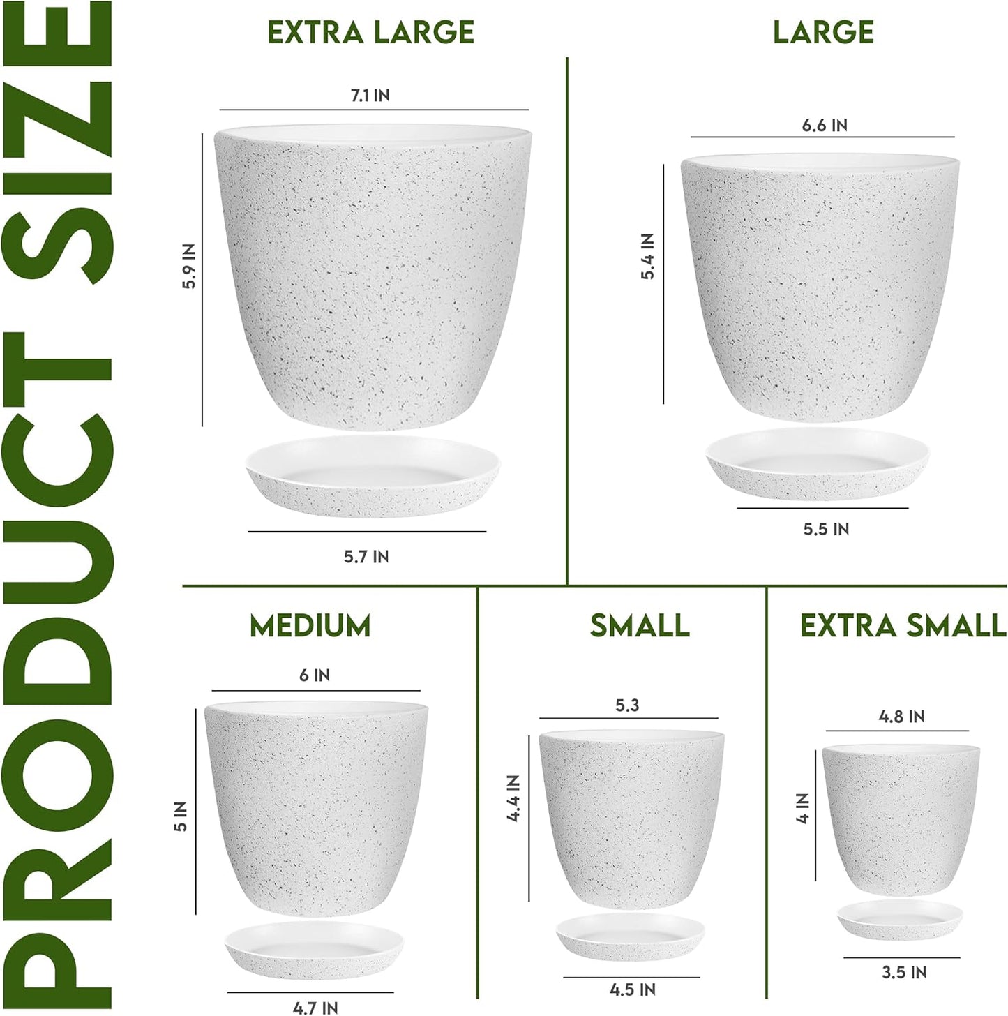 Utopia Home Plant Pots Indoor with Drainage Holes – Set of 5 White Plastic Flower Pots (7/6.6/6/5.3/4.8 Inch) – Modern Planters for Indoor Plants, Room & Office Décor, Great Stocking Stuffers