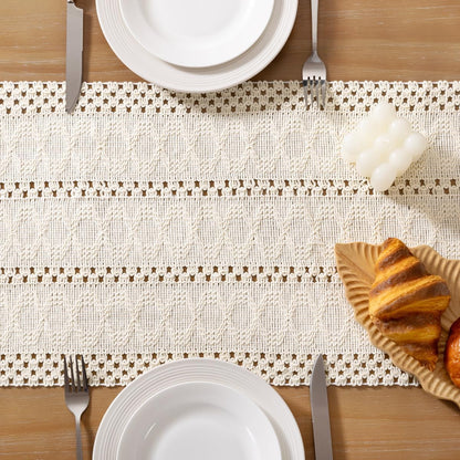 Socomi Boho Table Runner Summer Farmhouse Rustic Dining Kitchen Centerpiece Decor Small Macrame Woven Cotton Linen Coffee Table Runner for Dresser Scarf Home Decor 12x36 inch Beige