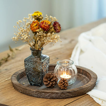 Romadedi Rustic Wooden Tray Candle Holder - Round Wood Decorative Pillar Candle Tray for Coffee Table Farmhouse Kitchen Countertop Organizer Home Decor Wedding Centerpiece, Distressed White