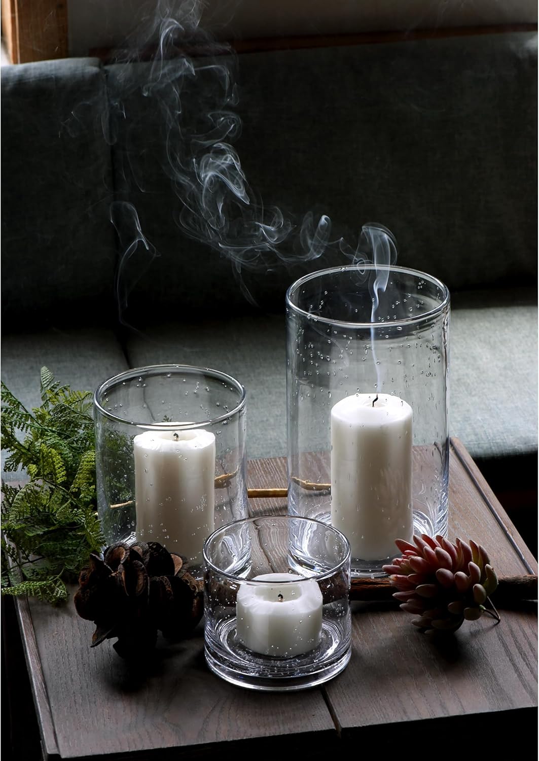 Hurricane Candle Holders for Pillar Hand Blown Glass Cylinder Vases Table Centerpiece Bulk Room Decor Clear Seeded Bubbles Living Dining Kitchen Island 10" 7" 4" Set of 3