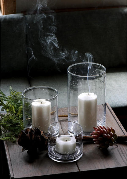 Hurricane Candle Holders for Pillar Hand Blown Glass Cylinder Vases Table Centerpiece Bulk Room Decor Clear Seeded Bubbles Living Dining Kitchen Island 10" 7" 4" Set of 3