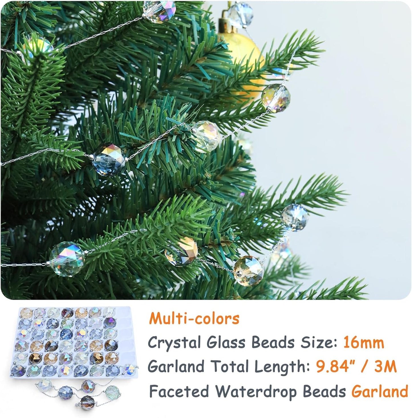 LEFERS 9.8Ft Crystal Glass Balls Christmas Garland,48 Beads 16mm Faceted Prism Beads Strands Hanging Ornament Decoration for Christmas Tree Centerpieces Wedding Party (Gold)