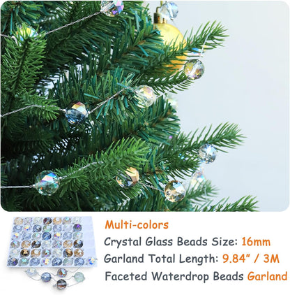 LEFERS 9.8Ft Crystal Glass Balls Christmas Garland,48 Beads 16mm Faceted Prism Beads Strands Hanging Ornament Decoration for Christmas Tree Centerpieces Wedding Party (Gold)