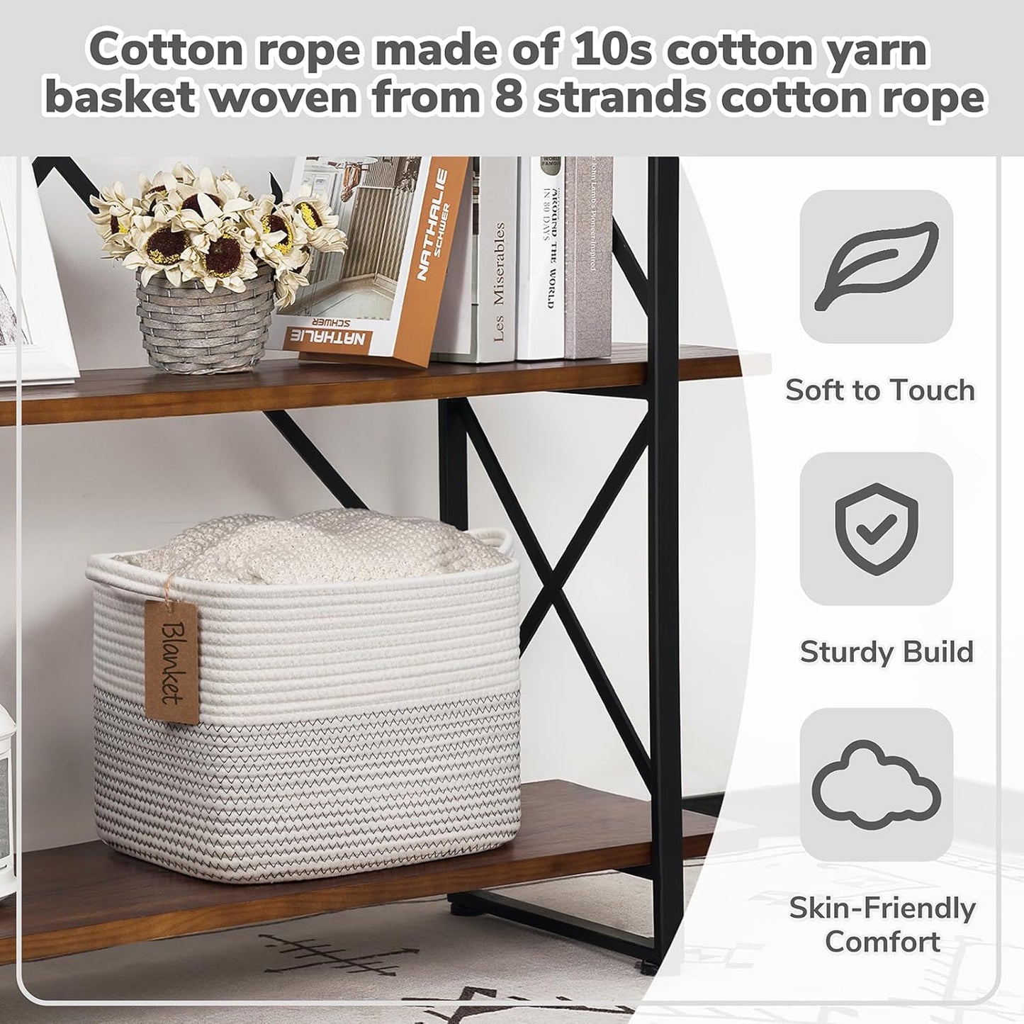 Goodpick Woven Storage Basket, Cotton Rope Basket for Dog Toys, Books, Stylish Gift Basket with Handles, 13 x 10 x 9 Inches Square Baskets for Organizing, Brown and White
