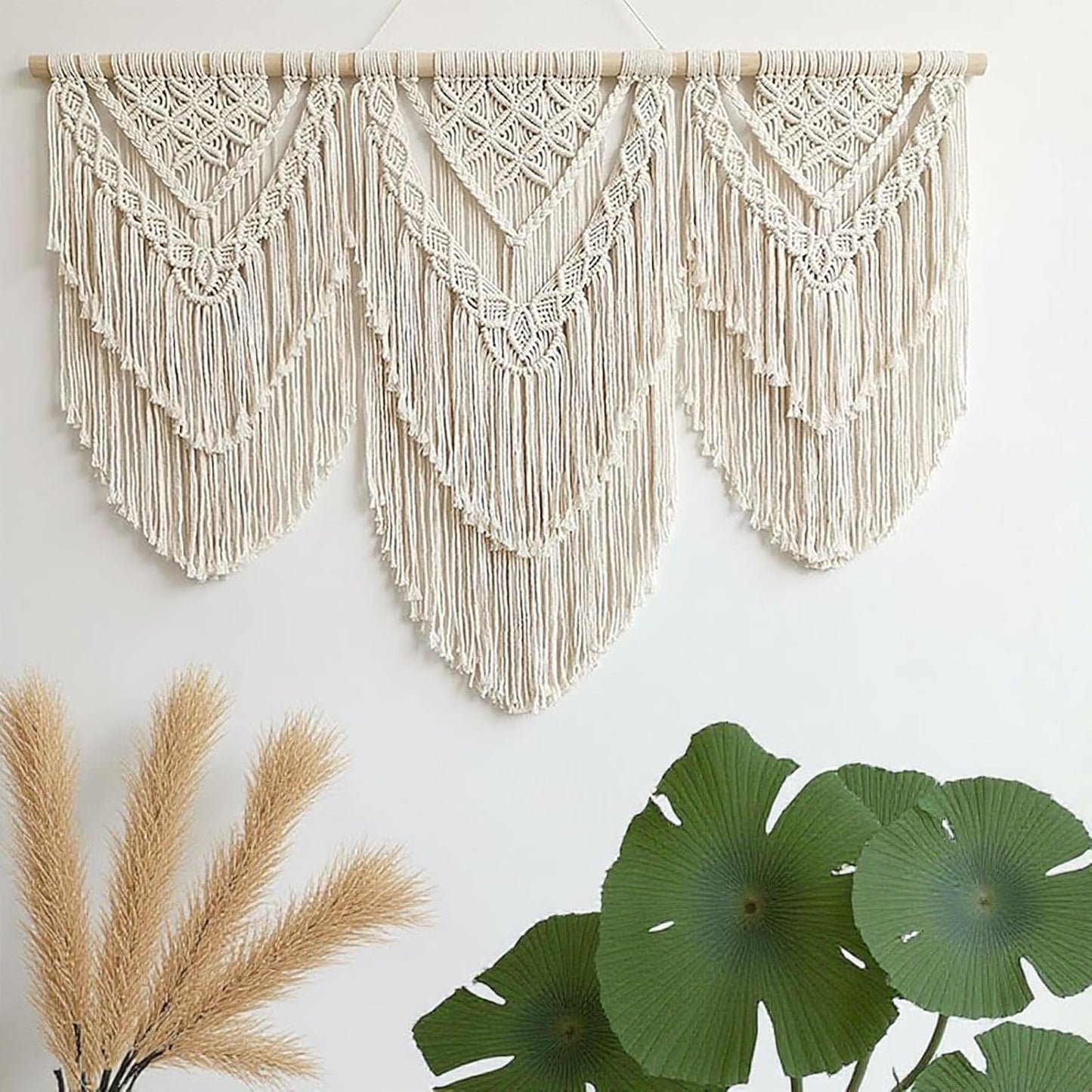 oiikain Large Handmade Boho Macrame Wall Hanging Tapestry - Chic Bohemian Woven Home Decor art for Living Room, Bedroom, and Wedding Parties (Beige, twelve rhombus)