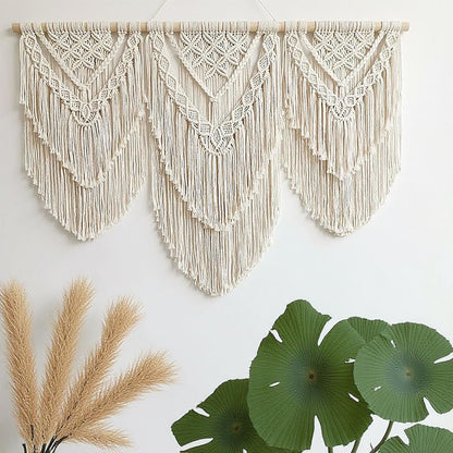 oiikain Large Handmade Boho Macrame Wall Hanging Tapestry - Chic Bohemian Woven Home Decor art for Living Room, Bedroom, and Wedding Parties (Beige, twelve rhombus)