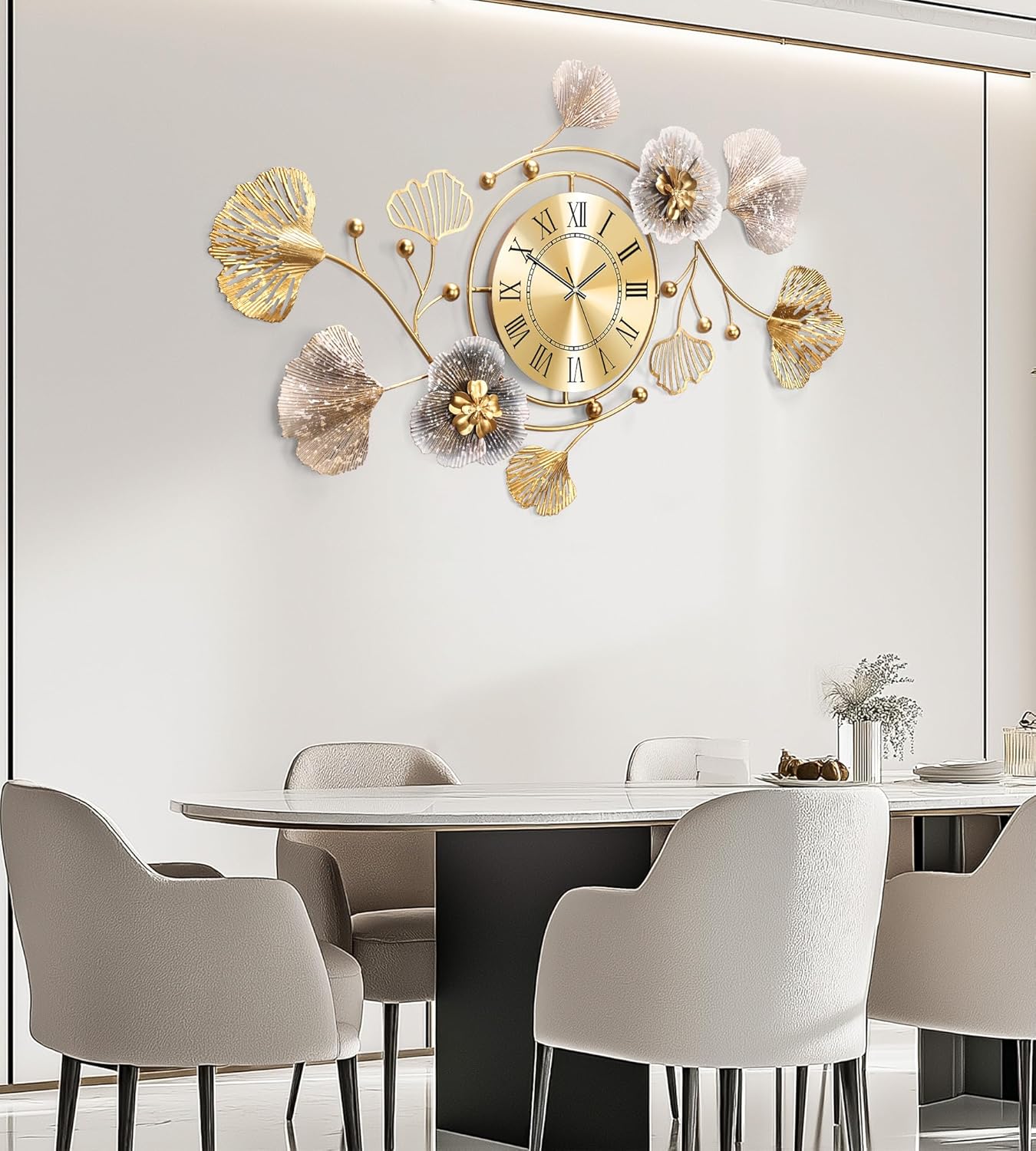 Clocks for Living Room, Large Wall Clock, 3D Silent Wall Clock, Retro Metal Ginkgo Leaf Design, for Bedroom Kitchen Decorative Wall Clocks（32''x18'' ）