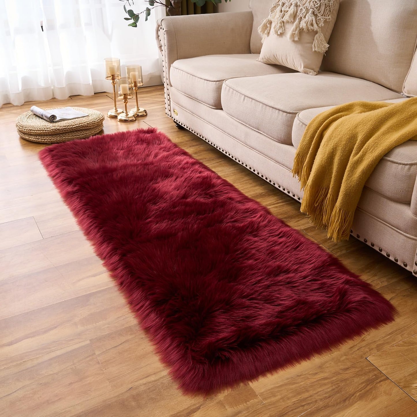 EasyJoy Ultra Soft Fluffy/Fuzzy Shaggy Area Rug Faux Fur Chair Cover Seat Pad for Bedroom Floor Sofa Living Room (2 x 6 ft Sheepskin, Beige)