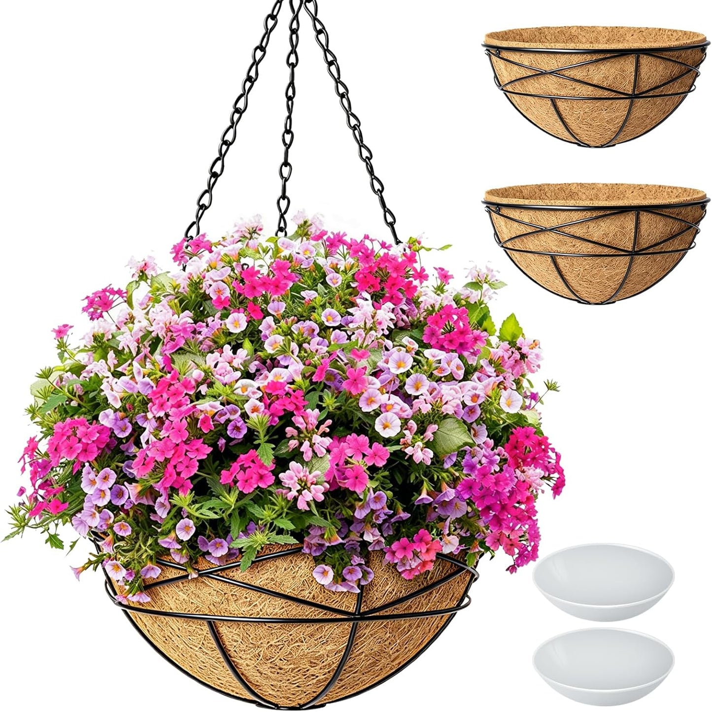 4 Pack 12 Inch Hanging Planters for Outdoor Plants Metal Watering Flower Baskets with Coco Liner for Outside Panting Plant Holder Pot for Home Garden Porch Balcony Railings Decor
