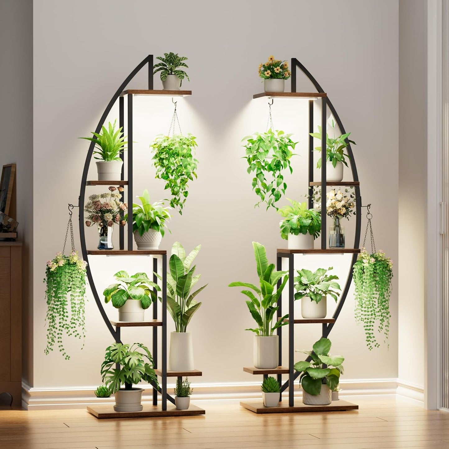 BACEKOLL Plant Stand Indoor with Grow Lights, 6 Tiered Tall Plant Shelf, 63" Metal Plant Stand for Indoor Plants Multiple, Half-Moon Plant Rack Display Shelf, 2 Pcs Plant Holder for Living Room, Patio