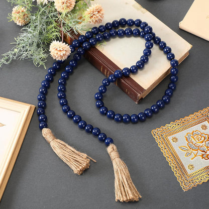 Geetery 2 Pcs 58'' Bead Garland with Tassels, Rustic Country Decor, Boho Wall Hanging for Farmhouse Style, Versatile Prayer Beads for Home, Table, or Wall Decoration (Black)