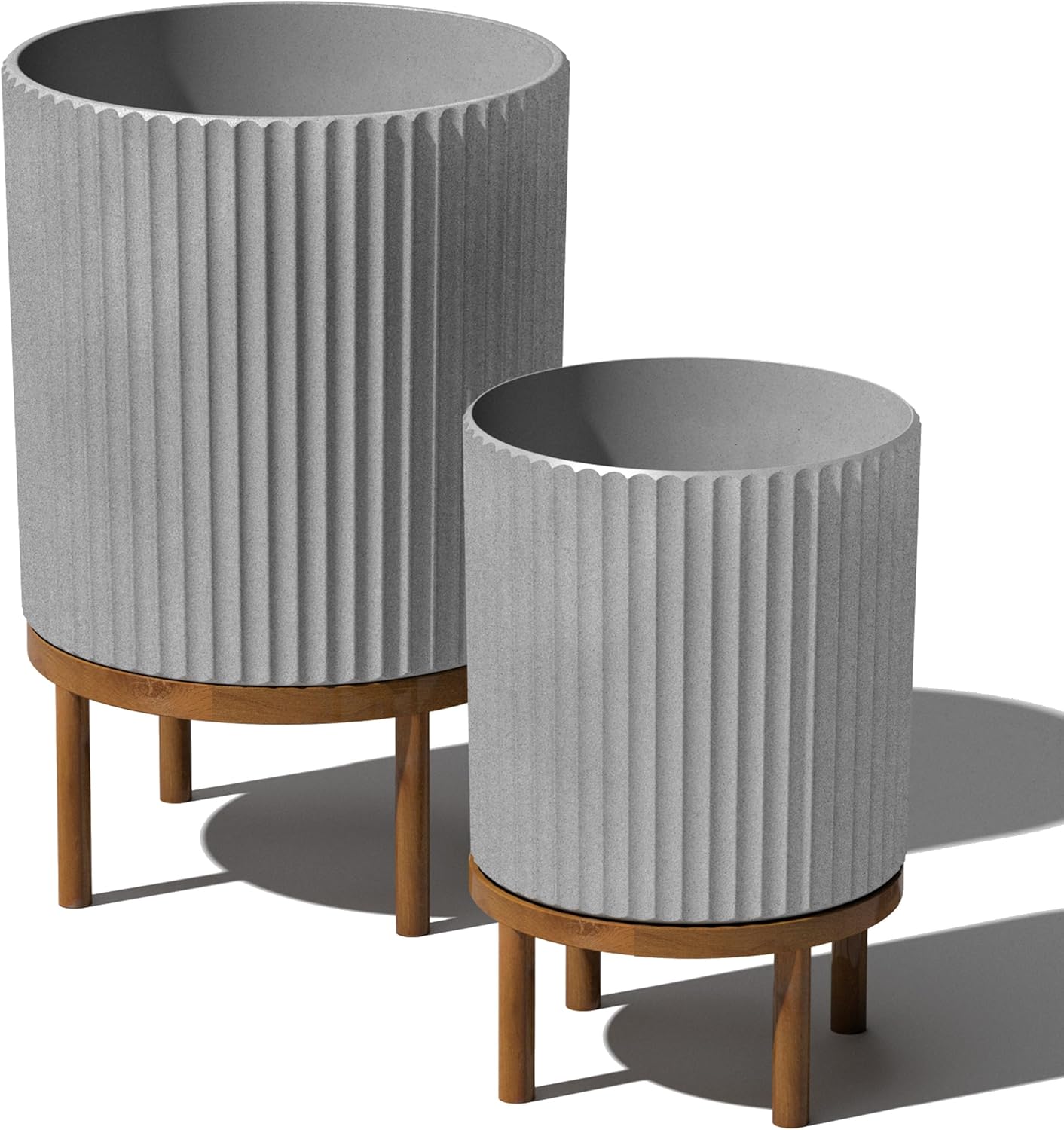 Veradek Demi Series Round Planter w/ Stand for Porch/Patio | Durable Plastic-Concrete & Wooden Stand | Modern Décor for Tall Plants, Flowers