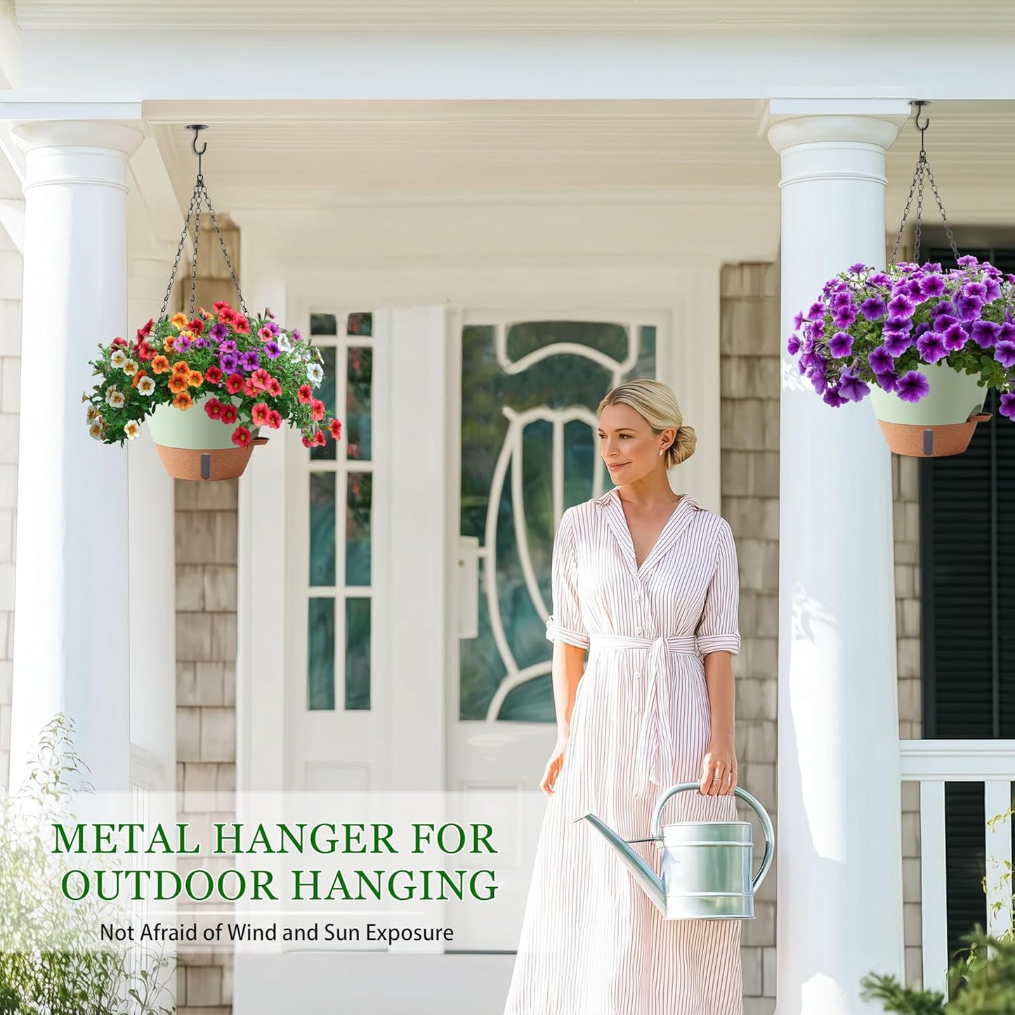 10 Inch Hanging Planters for Indoor Plants, 2 Pack Self Watering Hanging Baskets Flower Pots with Drainage Hole, Visual Reservoir & 2 Kinds of Plant Hanger for Outdoor Garden Home Decor (White)