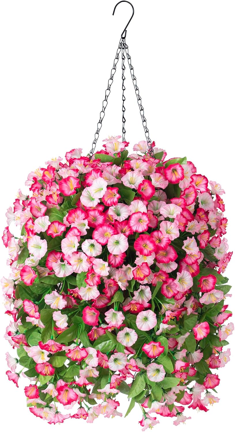 INXUGAO Artificial Flowers with Hanging Basket, Outdoor Faux Plants Silk Morning Glory Vines, Fake Green Arrangement for Garden Patio Spring Summer Decor(4pcs,Darkorchid)