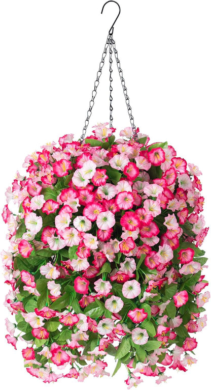 INXUGAO Artificial Flowers with Hanging Basket, Outdoor Faux Plants Silk Morning Glory Vines, Fake Green Arrangement for Garden Patio Spring Summer Decor(4pcs,Darkorchid)