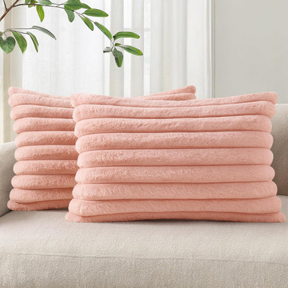 Pallene Faux Fur Plush Throw Pillow Covers 18x18 Set of 2, Luxury Soft Fluffy Striped Decorative Pillow Covers for Sofa, Couch, Living Room, Cream White