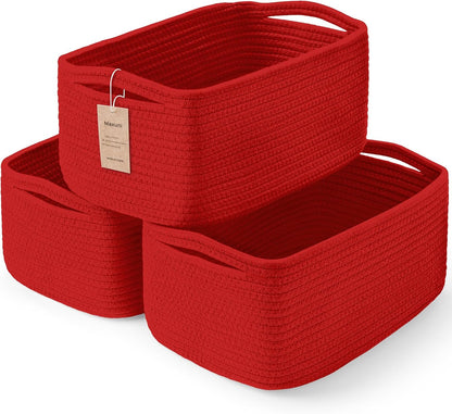 3-Pack Small Storage Baskets for Organizing | Woven Shelf Toy Basket | Rope Baskets for Gifts Empty | Closet Organizer Bins with Handles | Cube Decorative Box | 11.8×7.8×5.1” | Mixed brown