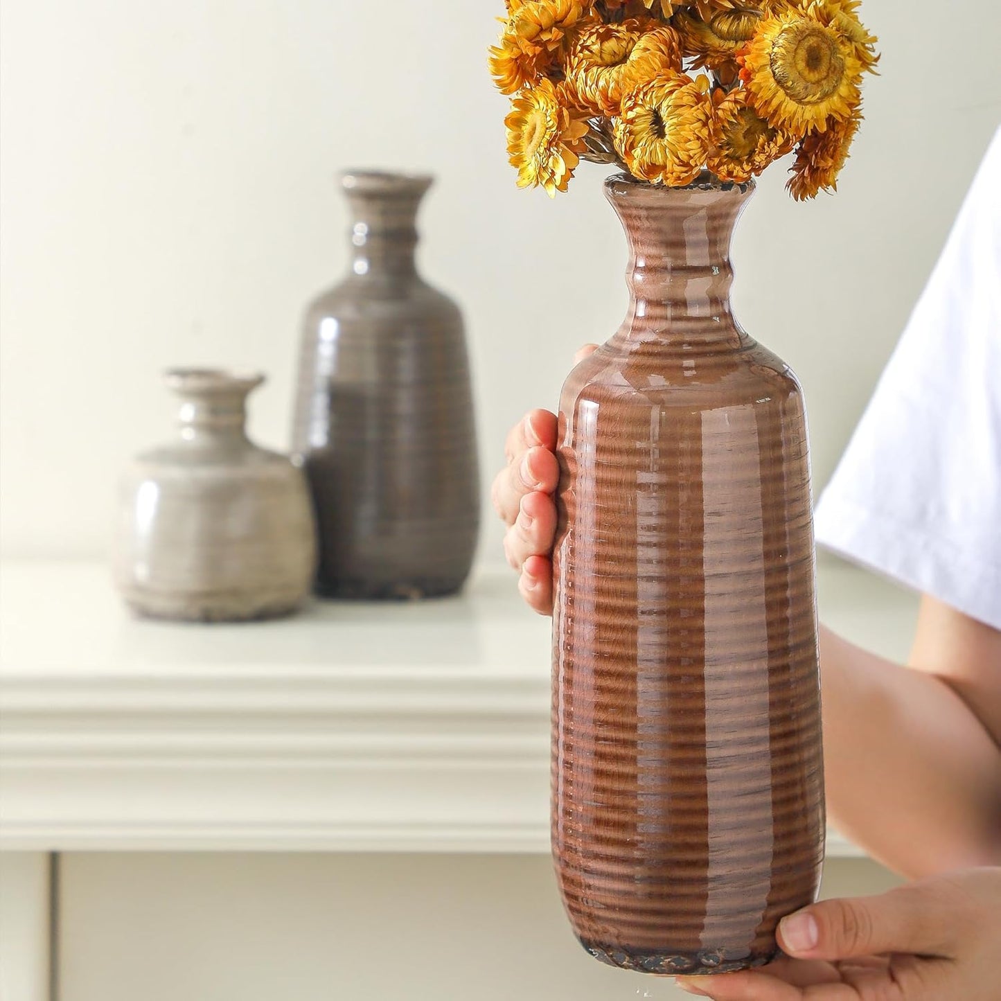 Ceramic Vase Set of 3 | Neutral Vase Home Decor with Handle | Pottery Modern Farmhouse Vases Pampas Grass Flower Vases for Home Decor Table Living Room Centerpieces Mantel Decor - Multicolor
