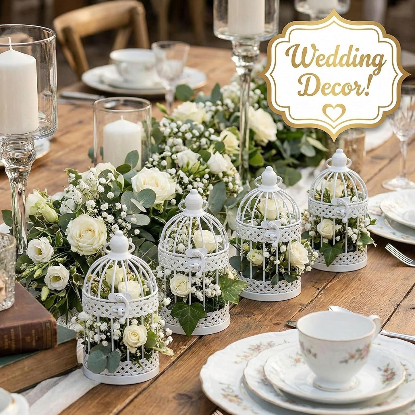 Vela Lanterns Bird Cage Decor Candle Holder Lantern Decorative Wedding Table Centerpiece Decorations, White, Small, Set of 4
