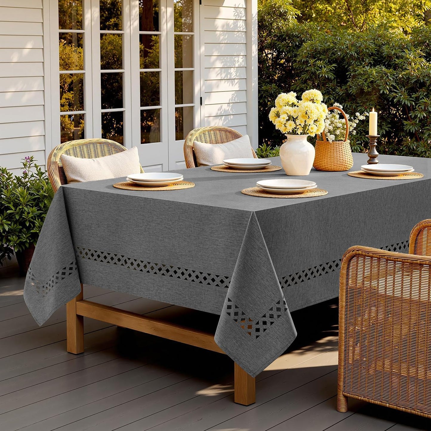 MIULEE Beige Rectangle Linen Polyester Tablecloth with Decorative Cutouts Spring Waterproof Stain Resistant & Shrink-Proof Table Cloth 52x70 inch Farmhouse Style for Dining Wedding and Outdoor