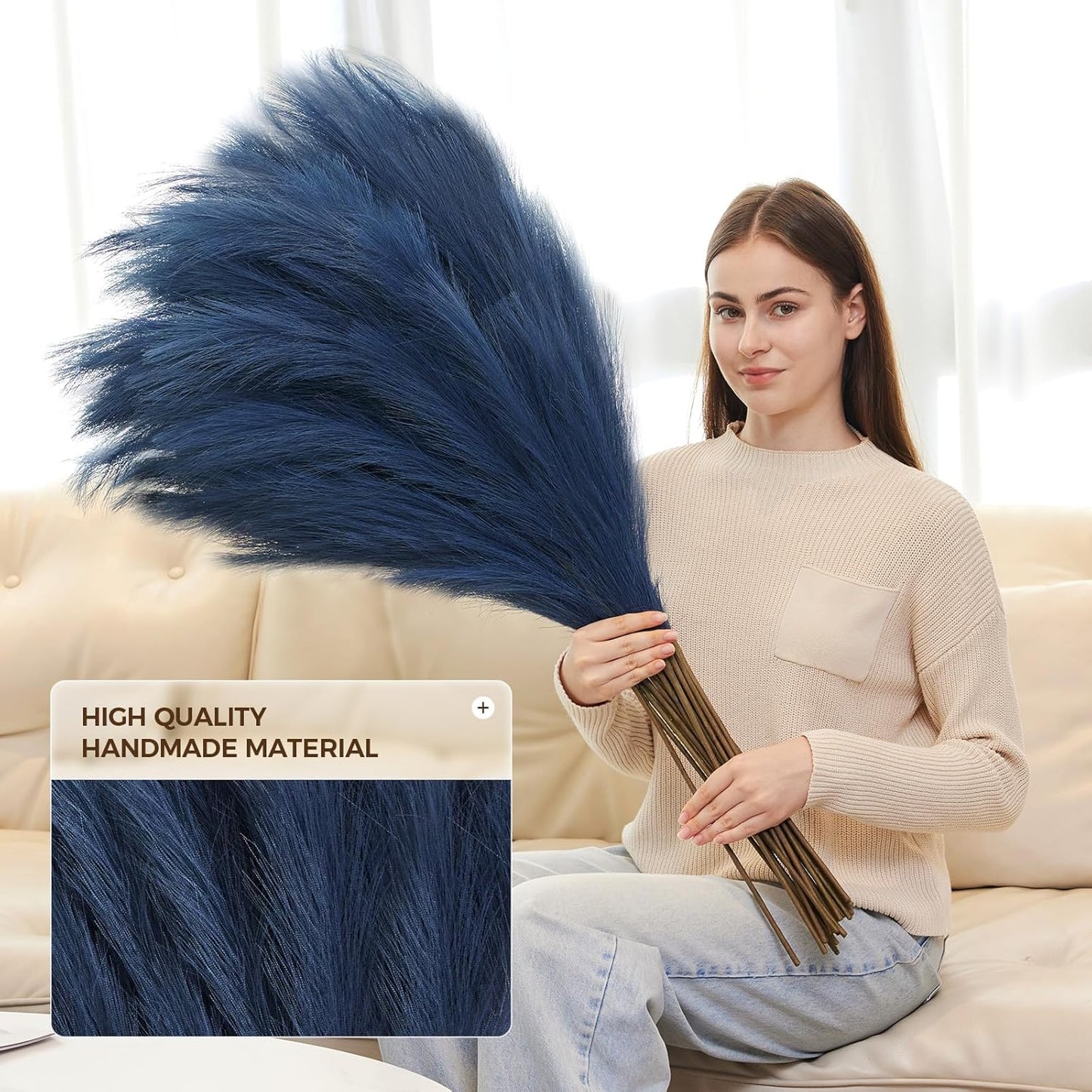 10 Pcs 39''/3.2FT Faux Pampas Grass Decor, Large Tall Fluffy Artificial Fake Flower, Bedroom Decor Boho Decor Pompas Floral for Vase Filler Farmhouse Home Wedding Decor (Blue)