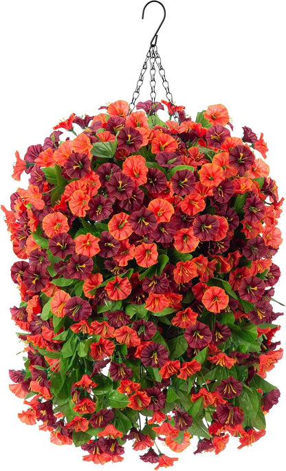INXUGAO Artificial Flowers with Hanging Basket, Outdoor Faux Plants Silk Morning Glory Vines, Fake Green Arrangement for Garden Patio Spring Summer Decor(4pcs,Darkorchid)
