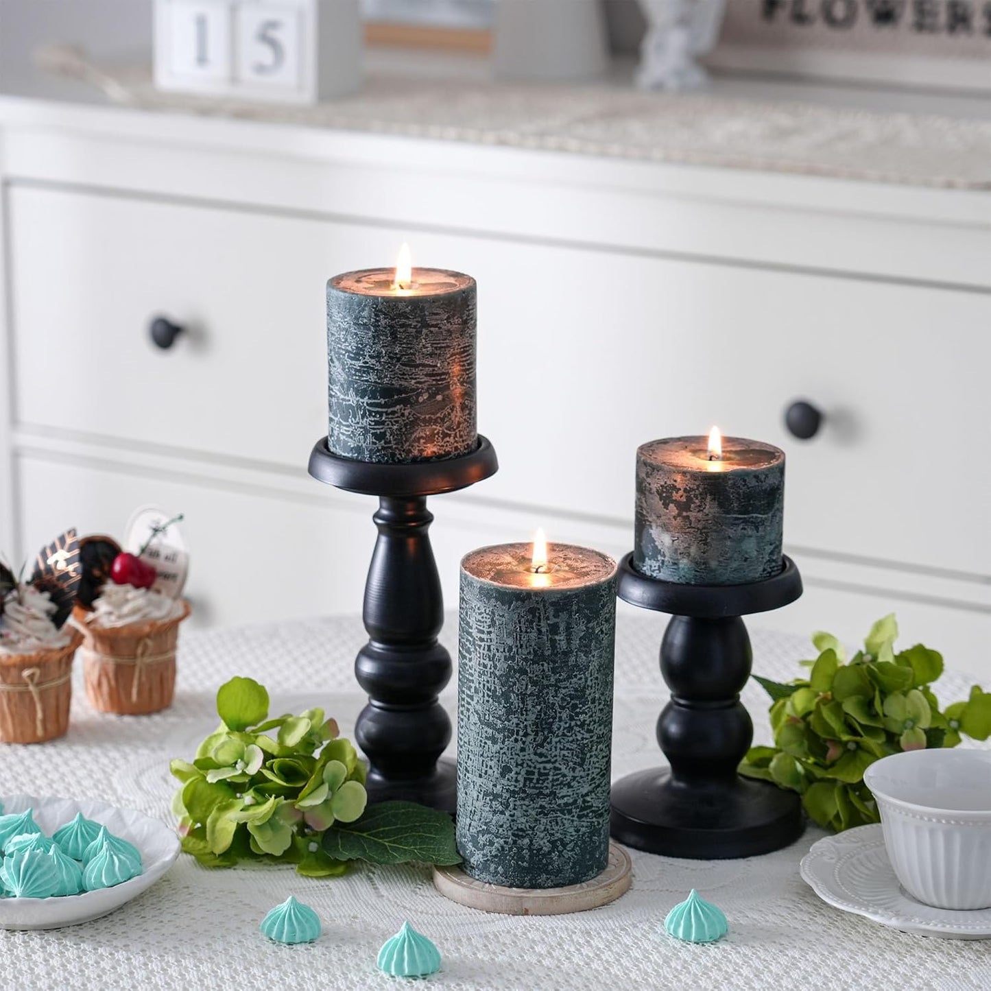 3x6 Inch Sage Green Pillar Candles Set of 3 - Unscented Spring, Long Clean Burning, Large Smokeless Dripless for Home Decor, Dinner Table, Bathroom, Rustic Decor